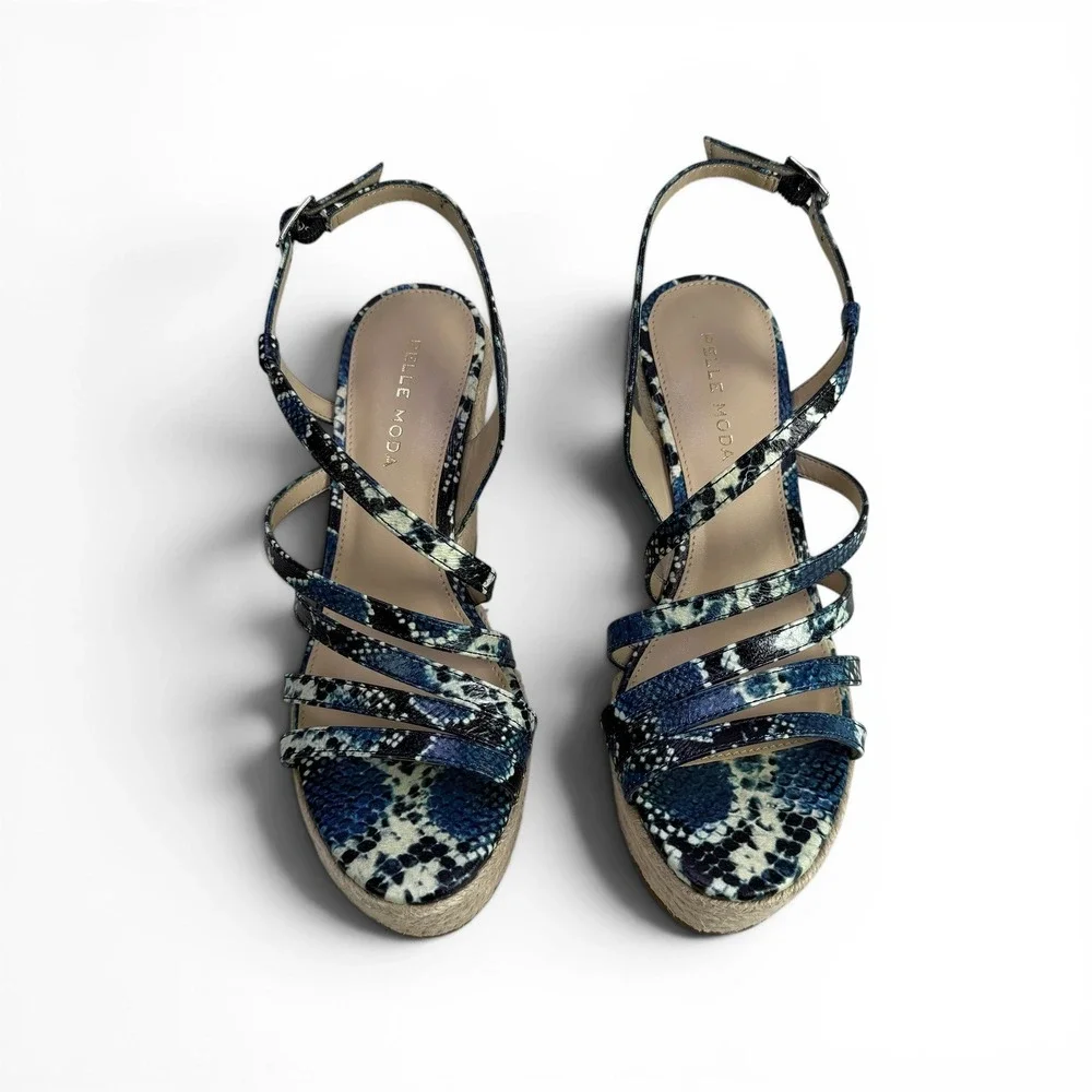 Pelle Moda Espadrille Wedge Sandals Platform Strappy Womens 6.5 M Blue Snakeskin